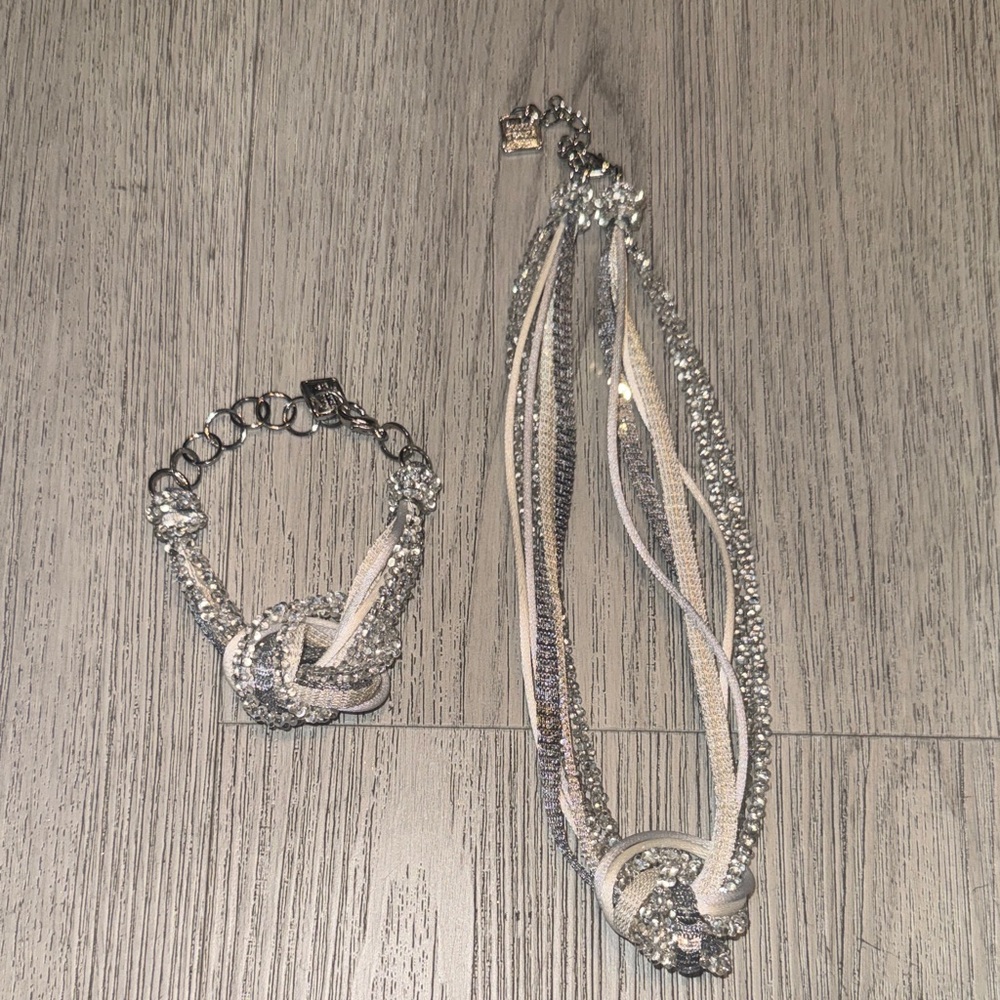 Silver and Cream Multi-Strand Crystal Knot Necklace with Matching Bracelet